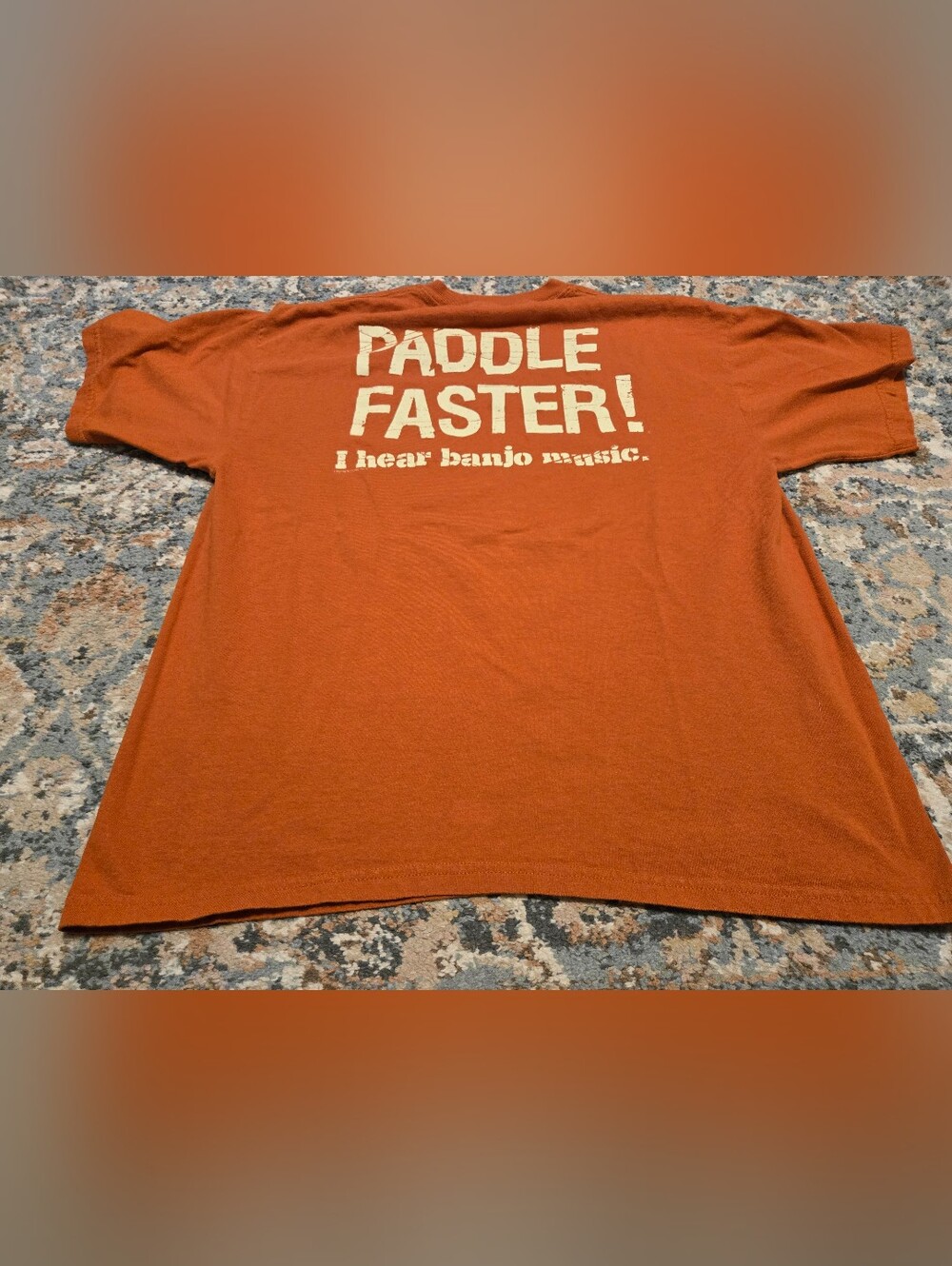 Men's Orange Humor Tee "Paddle Faster I Hear Banjo Music!" Size Xl